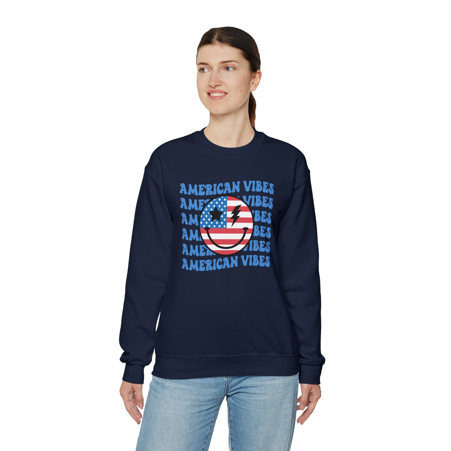 USA American Vibes Flag Smiley Face Heavy Blend™ Crewneck Sweatshirt