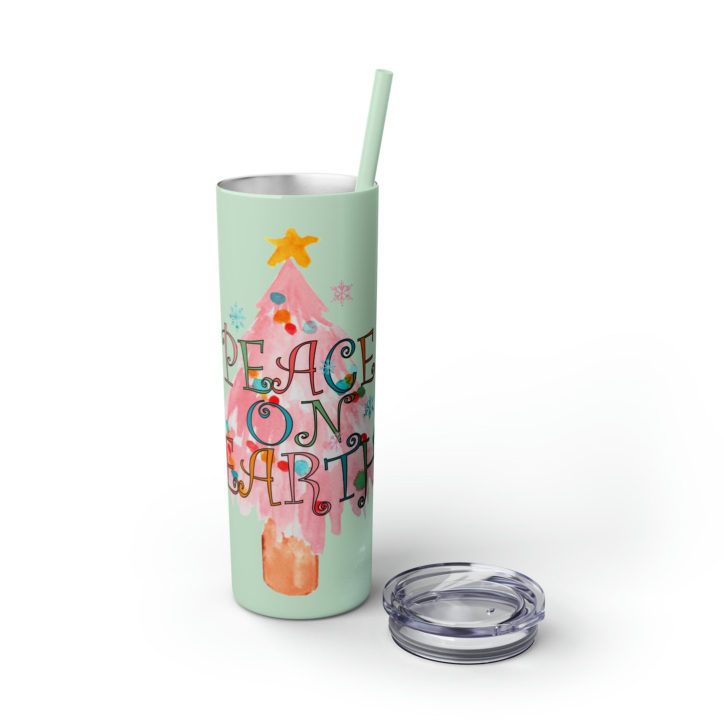 Peace on Earth Christmas/ Holiday Skinny Tumbler with Pick your Color Straw, 20oz