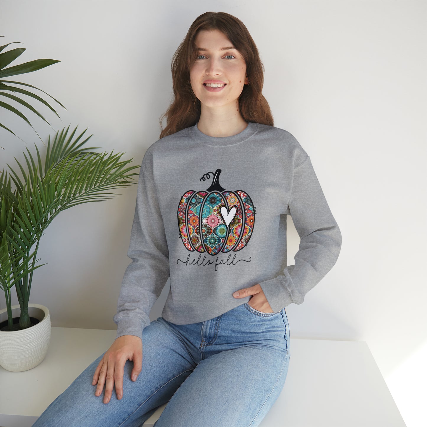 Hello Fall Print Pumpkin Fall Halloween Retro Warm Colored  Unisex Heavy Blend™ Crewneck Sweatshirt