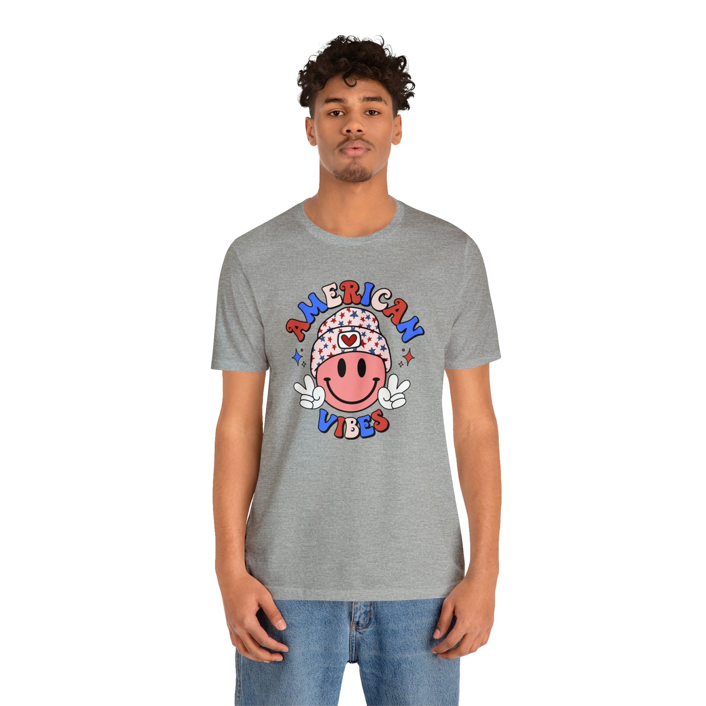 American Vibes USA Smiley Face with Stars Beanie with two hand peace signs Unisex Jersey Short Sleeve Tee