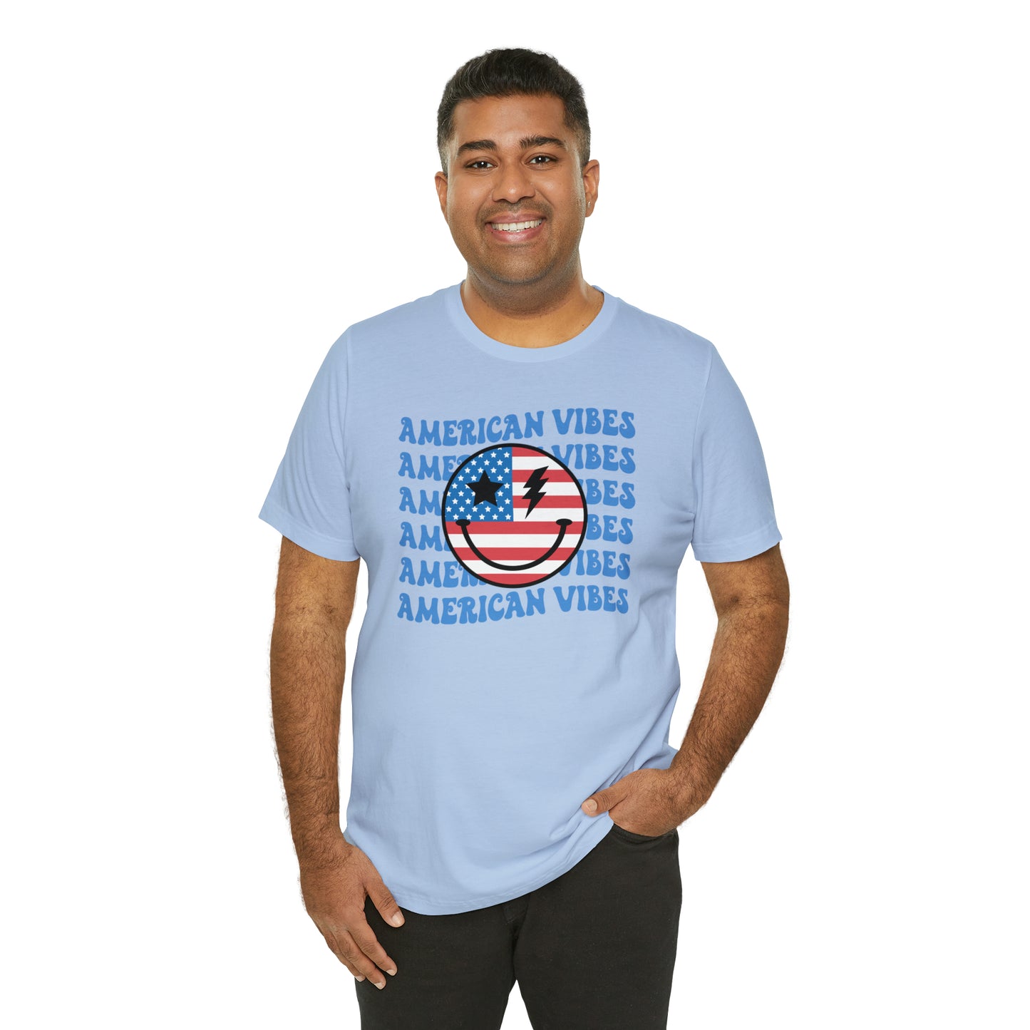 USA American Vibes American Flag Smiley Face Unisex Jersey Short Sleeve Tee