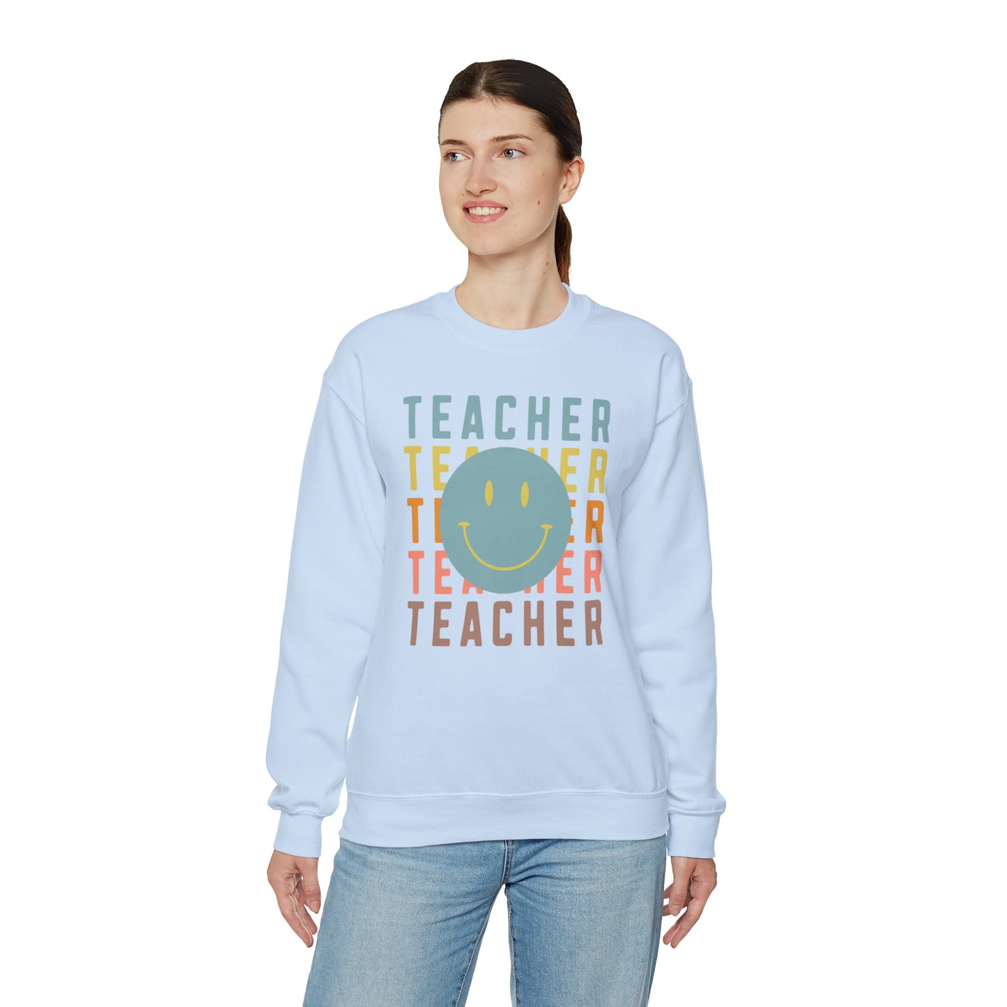 Multi Colored Teacher with Smiley Face Unisex Heavy Blend™ Crewneck Sweatshirt