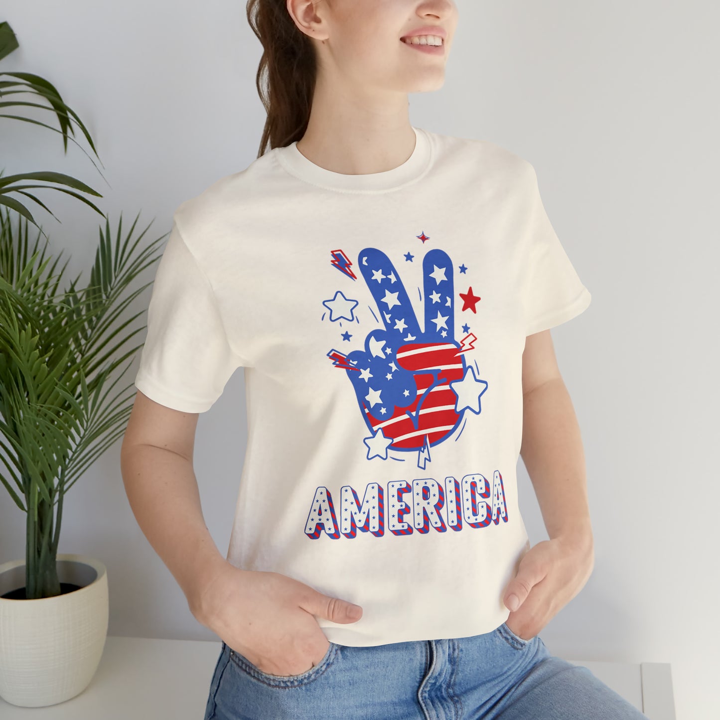 America USA Stars Peace Sign with Hands Unisex Jersey Short Sleeve Tee