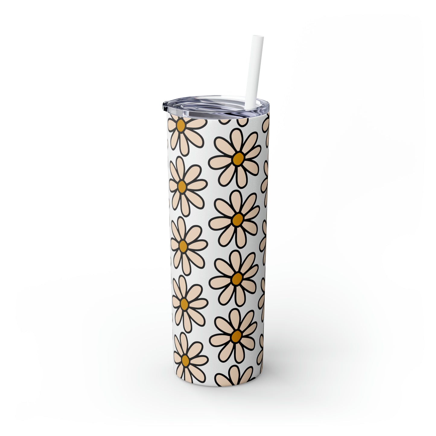 Peach Daisy Print Skinny Tumbler with Straw, 20oz