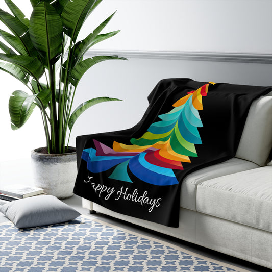 Happy Holidays Rainbow Christmas Tree Sherpa Fleece Blanket