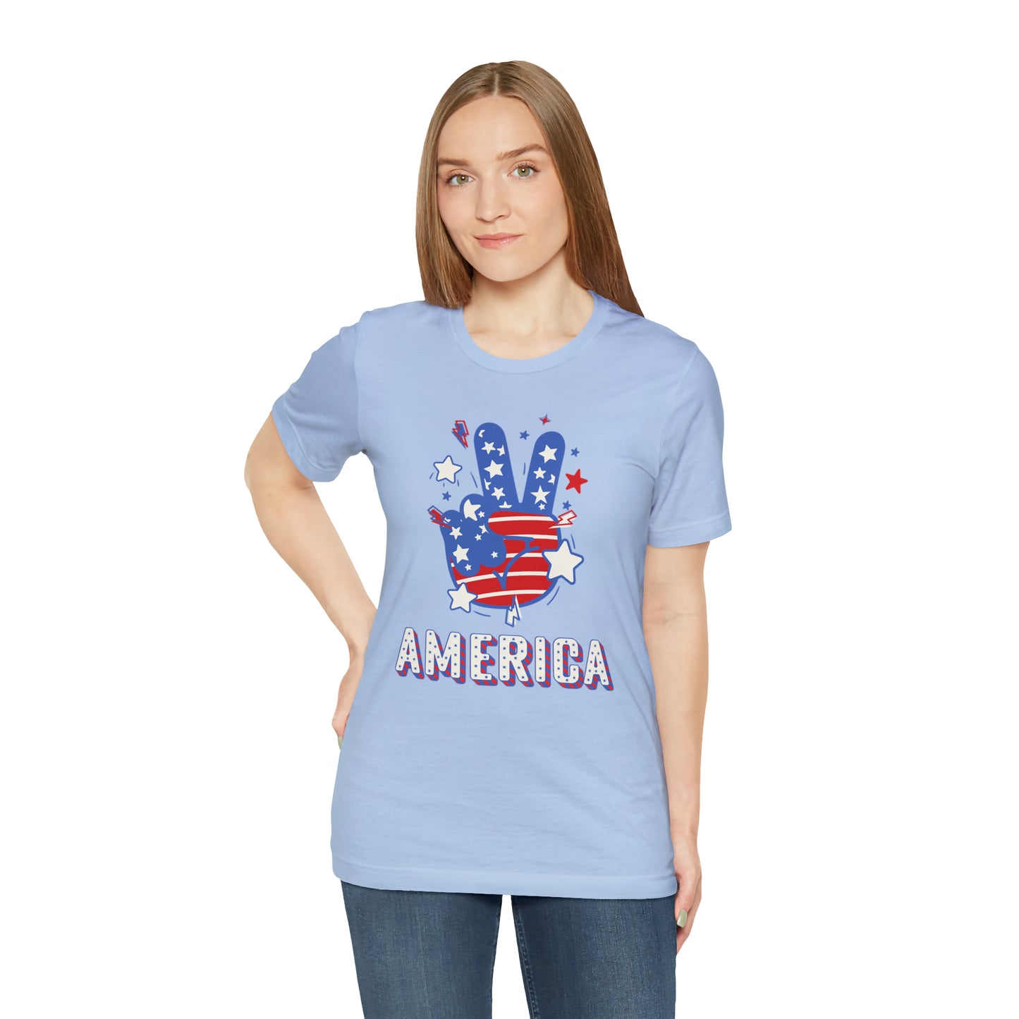 America USA Stars Peace Sign with Hands Unisex Jersey Short Sleeve Tee