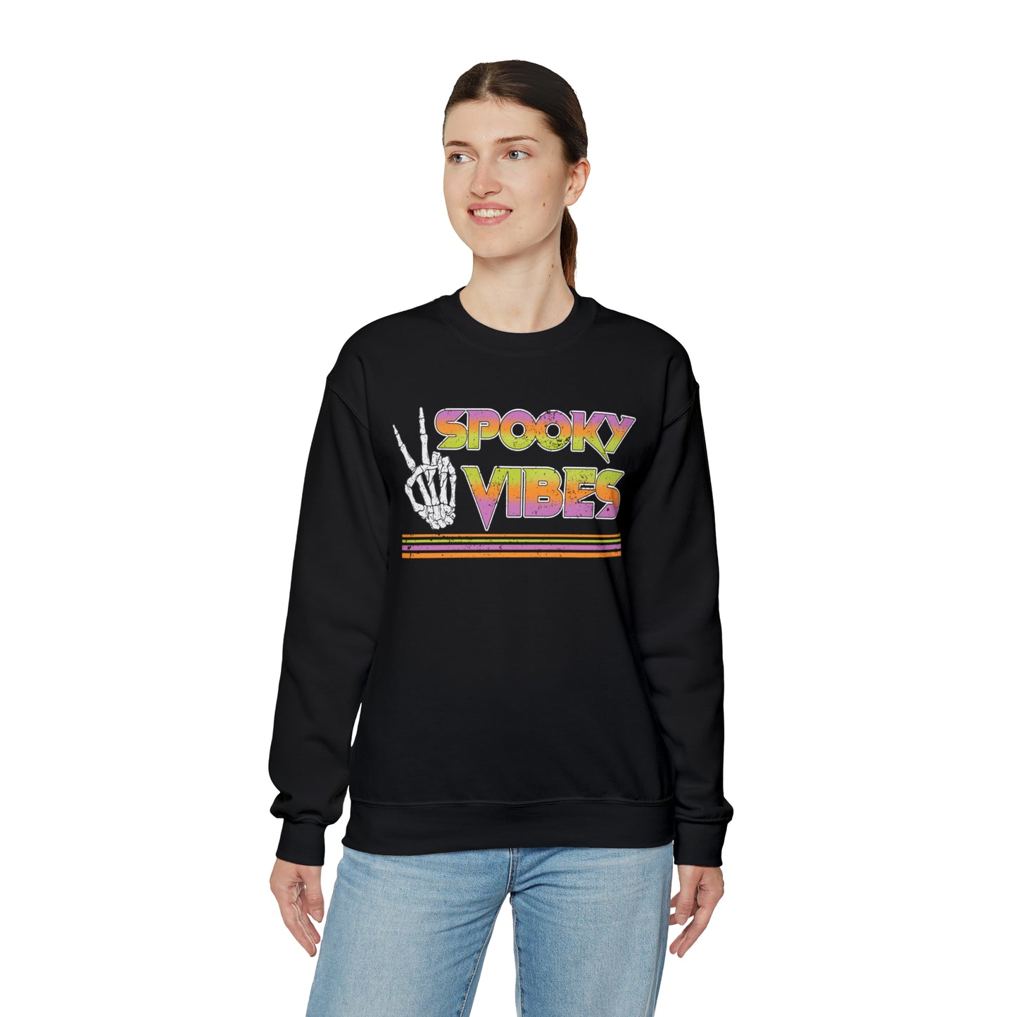 Spooky 80's Vibes Vintage Skeleton Piece Sign Fall Halloween  Unisex Heavy Blend™ Crewneck Sweatshirt