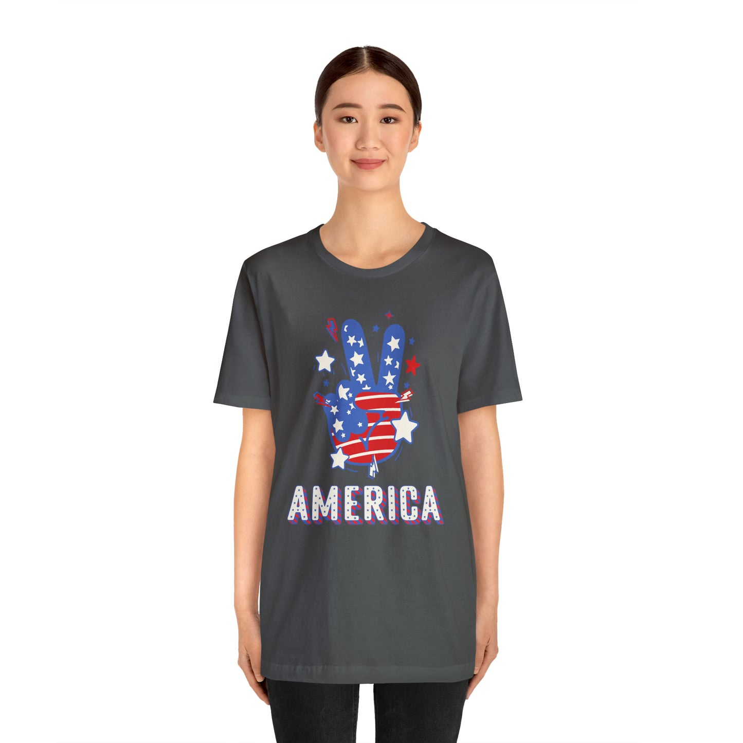 America USA Stars Peace Sign with Hands Unisex Jersey Short Sleeve Tee