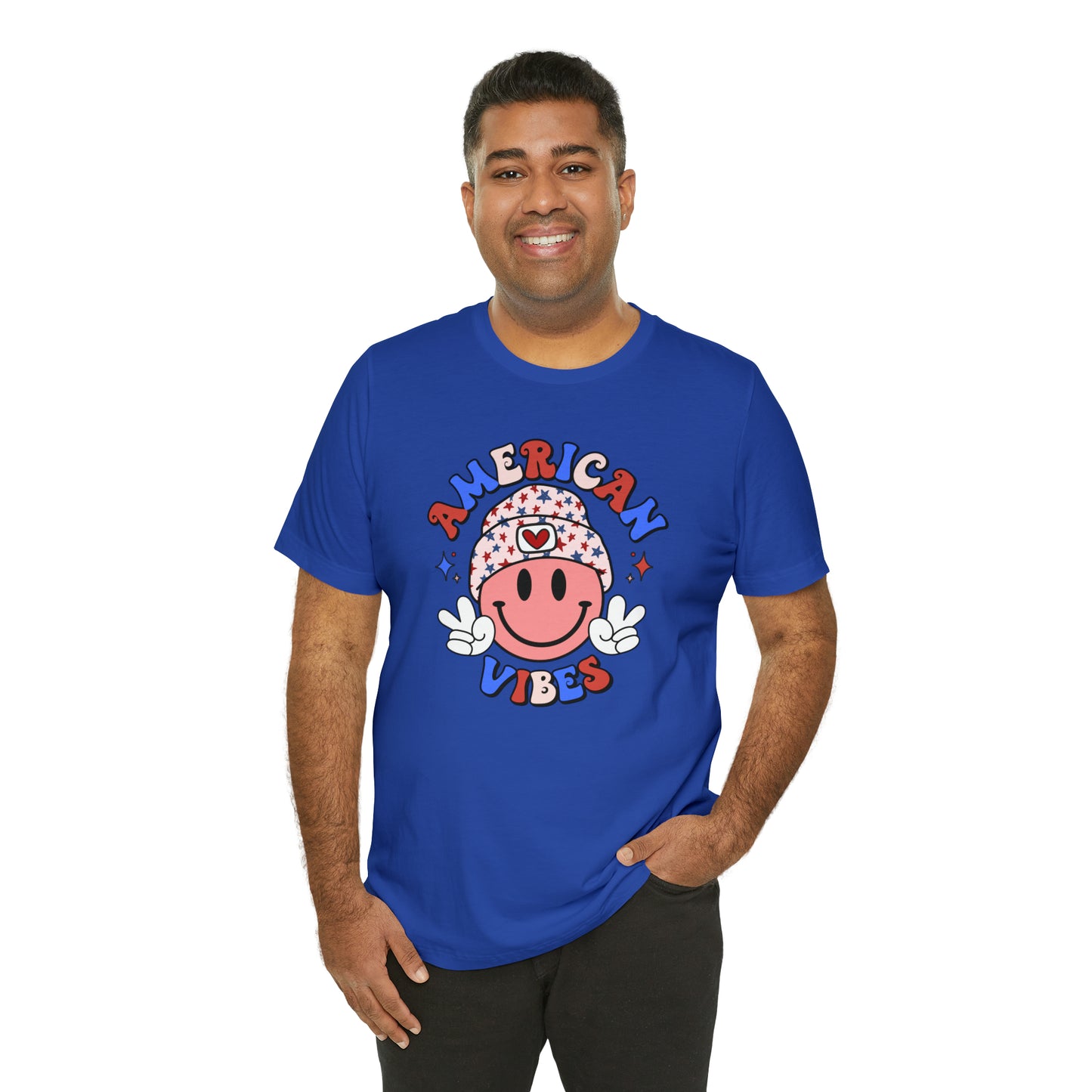 American Vibes USA Smiley Face with Stars Beanie with two hand peace signs Unisex Jersey Short Sleeve Tee