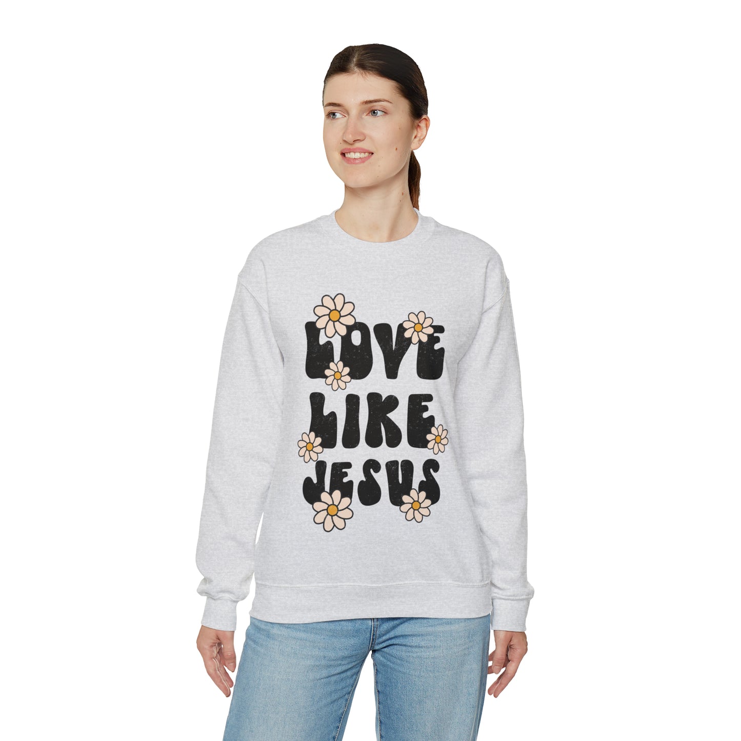 Distressed Daisy Love Like Jesus - Heavy Blend™ Crewneck Sweatshirt