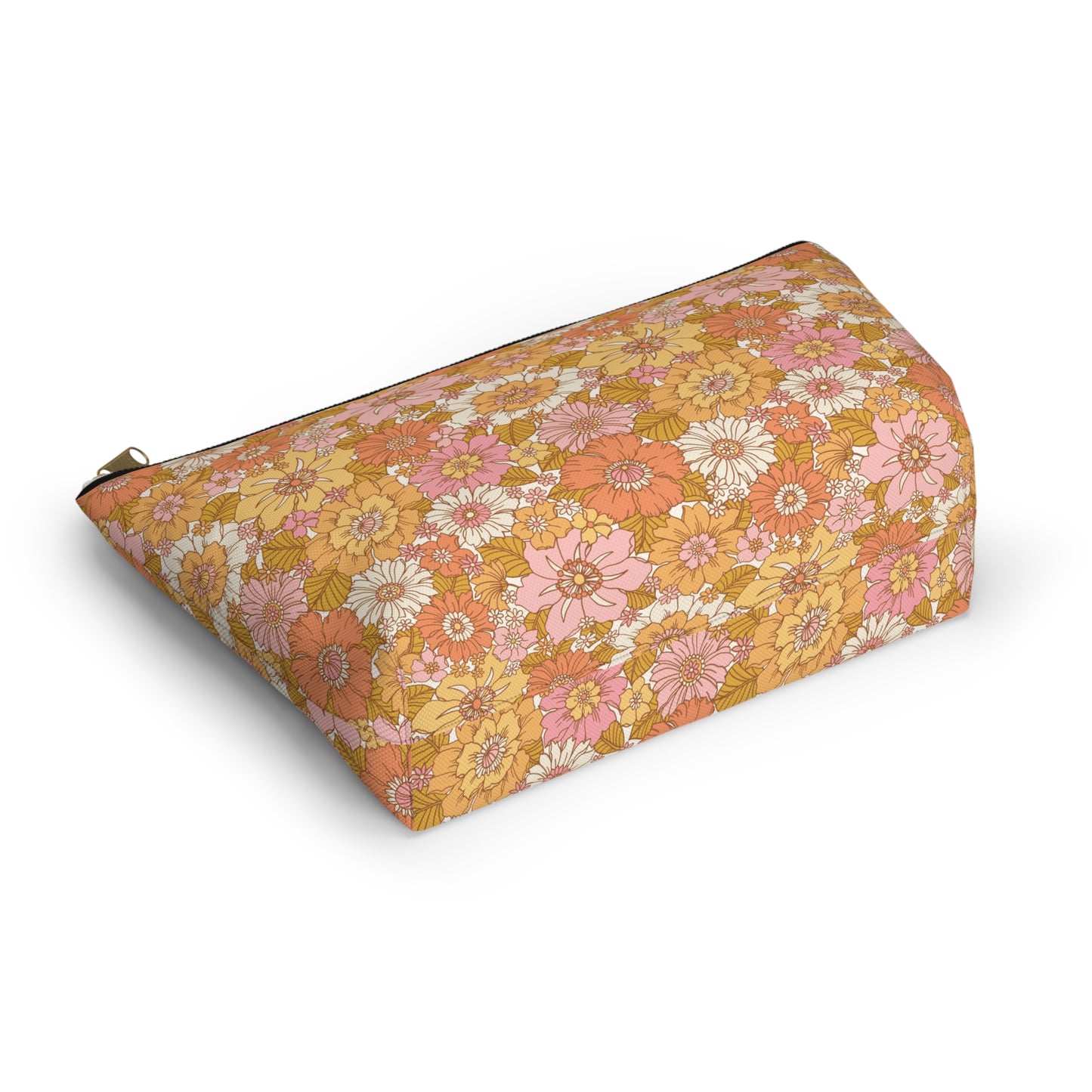 Peachy Golden Retro Floral Print Design Accessory Pouch w T-bottom