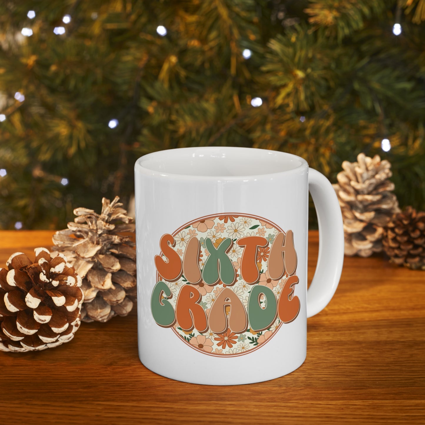 6th Grade Boho Floral Circle Design Ceramic Mug 11oz - White