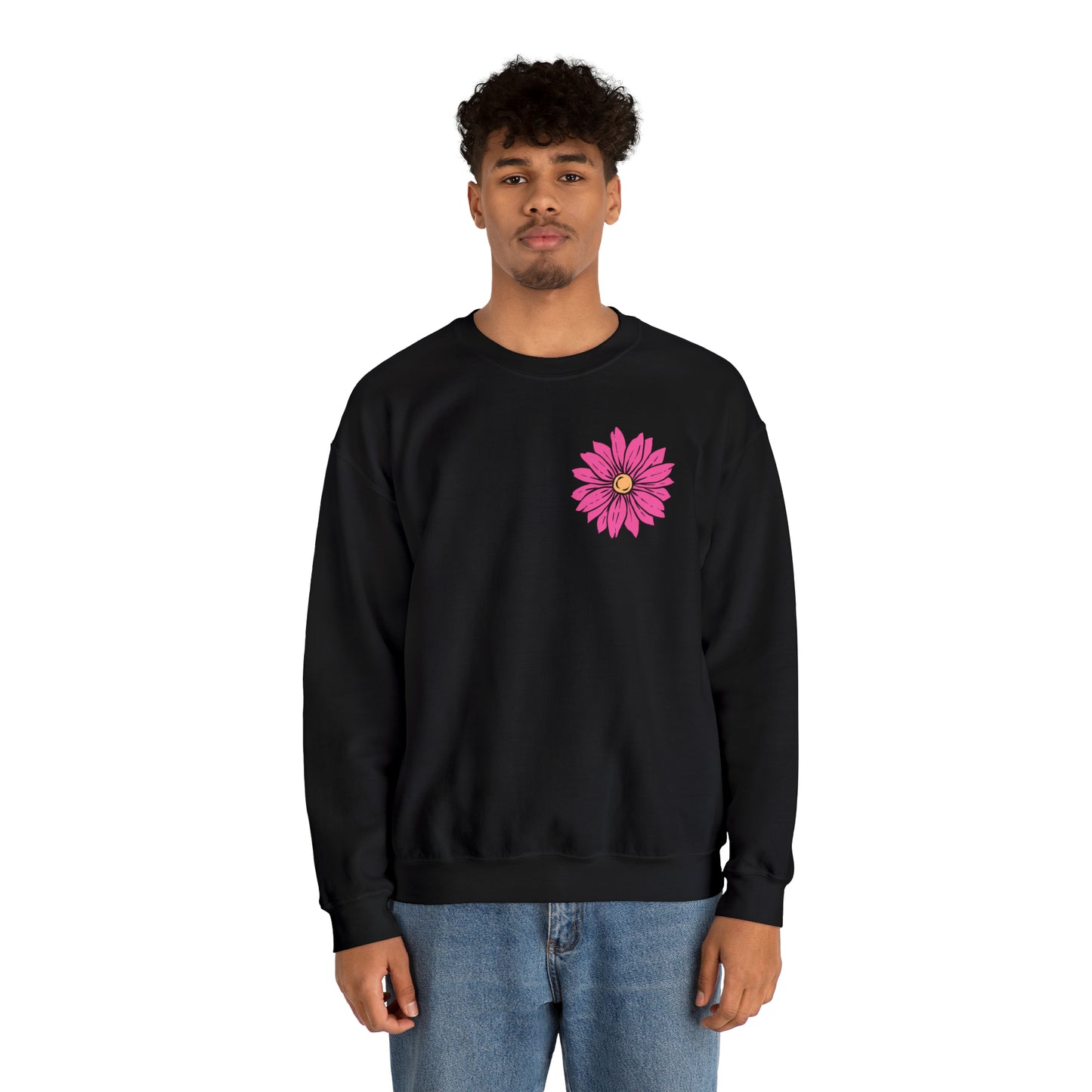 FRONT AND BACK DESIGN Positive Energy (Flower on Front and Message on Back) Font Heavy Blend™ Crewneck Sweatshirt