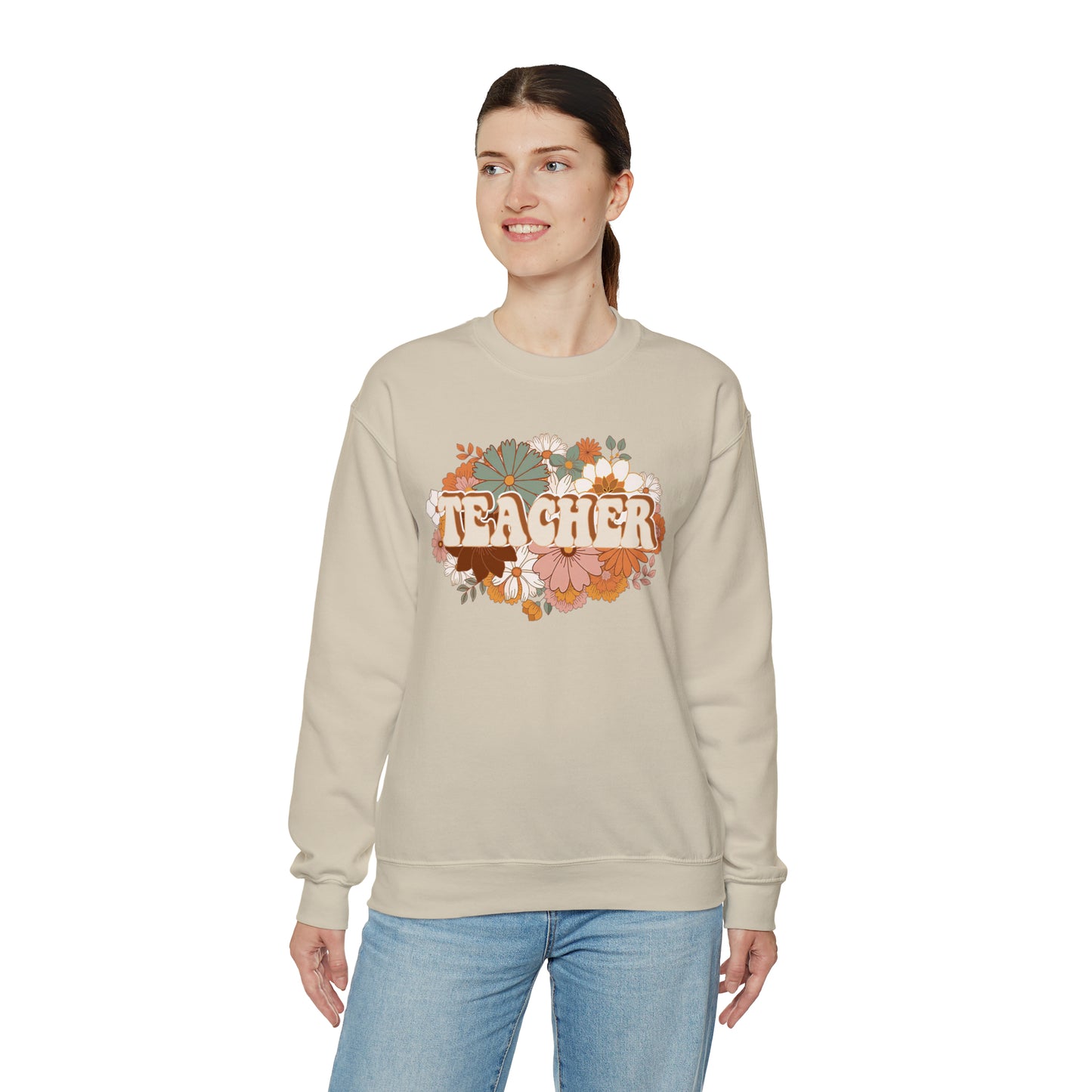 Vintage Retro Floral Teacher Warm Colors Unisex Heavy Blend™ Crewneck Sweatshirt