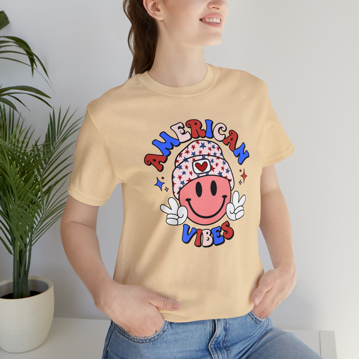 American Vibes USA Smiley Face with Stars Beanie with two hand peace signs Unisex Jersey Short Sleeve Tee