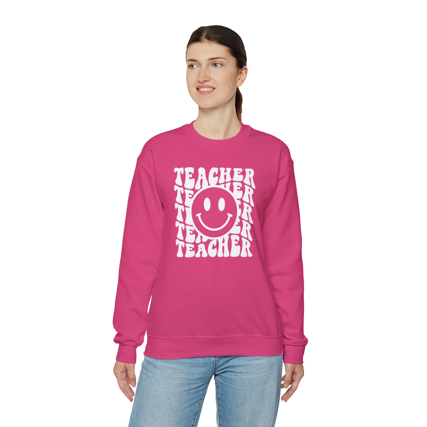 Teacher with Smiley Face White Logo Unisex Heavy Blend™ Crewneck Sweatshirt