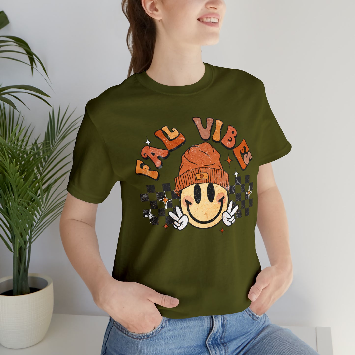 Distressed Halloween Fall Vibes Smiley Face with Beanie and Peace Sign T-Shirt