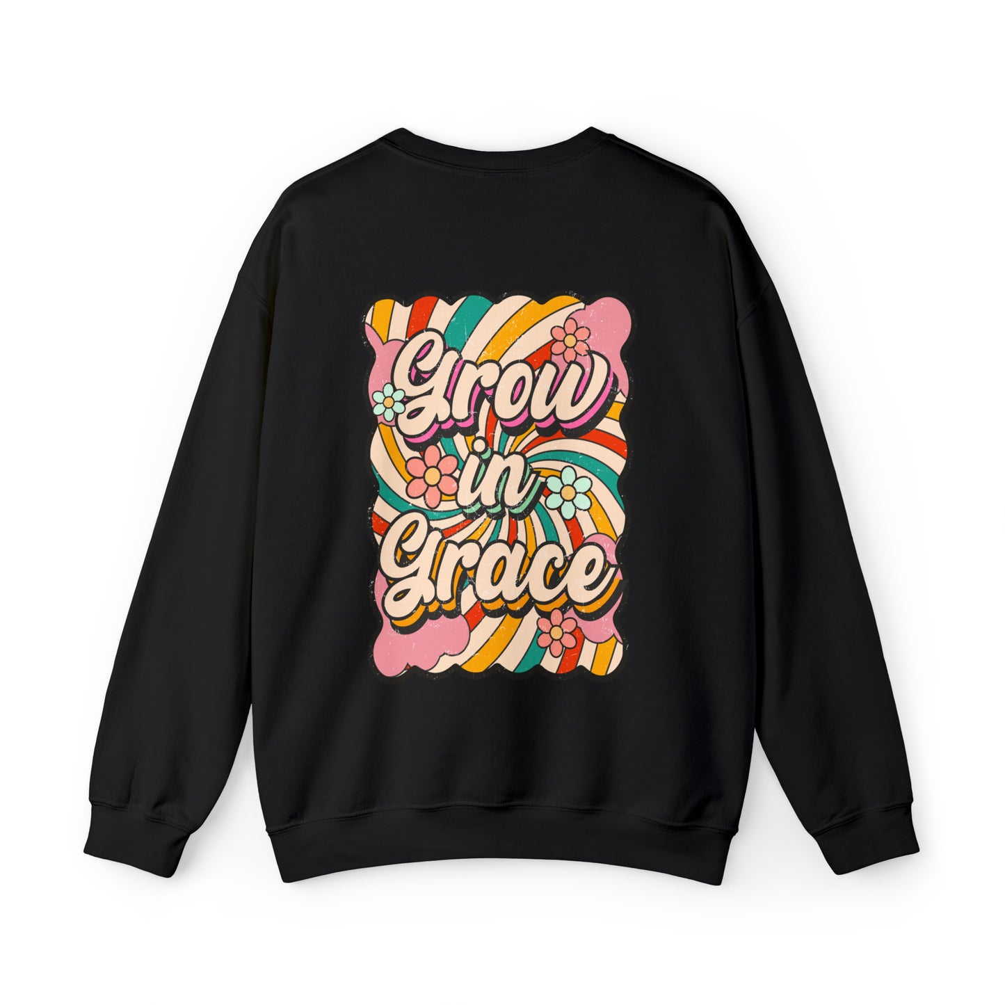 Vintage Grow in Grace with Cross Boho Color Print -  Front and Back Design Heavy Blend™ Crewneck Sweatshirt