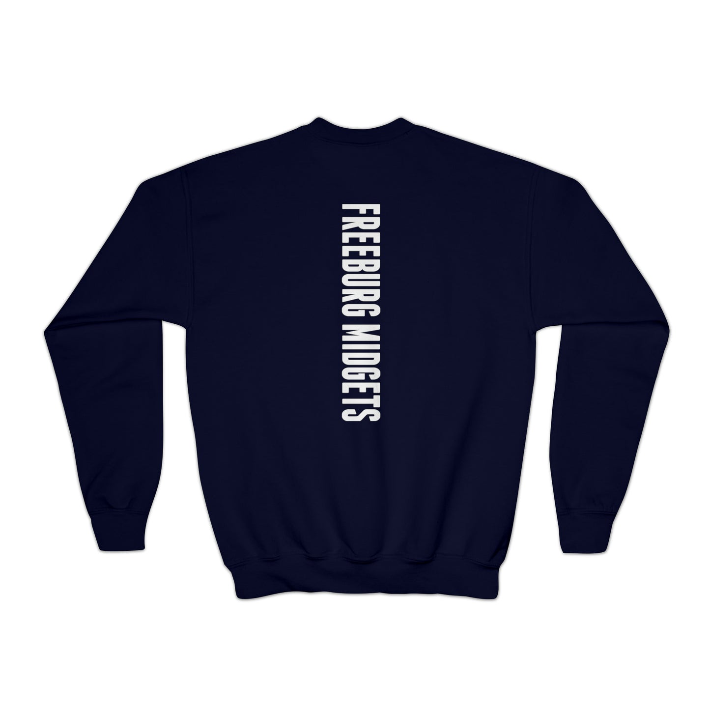 YOUTH - Front to Back Design - Varsity F Vertical Freeburg Midgets Logo Youth Crewneck Sweatshirt