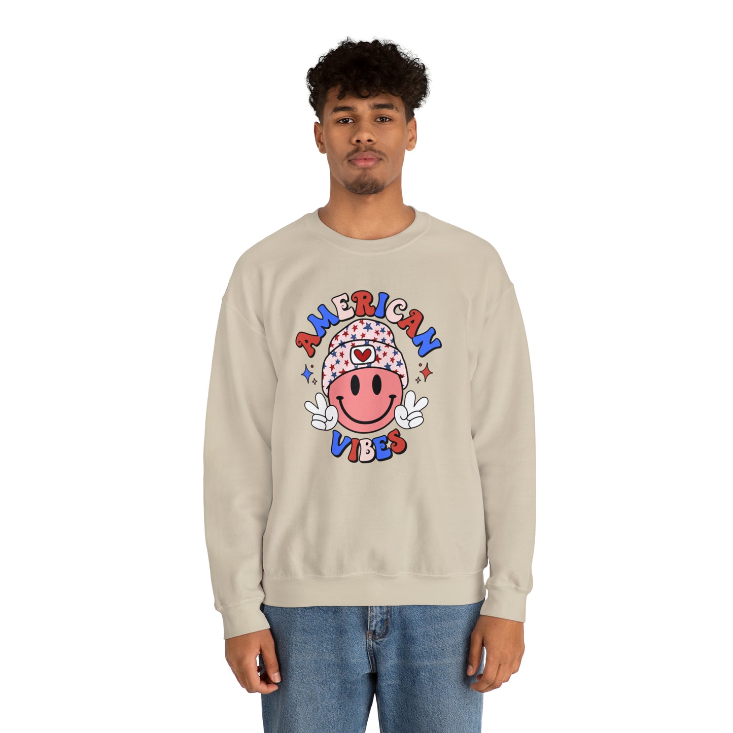 USA American Vibes Smiley Face with Heart Beanie and Peace Signs Heavy Blend™ Crewneck Sweatshirt