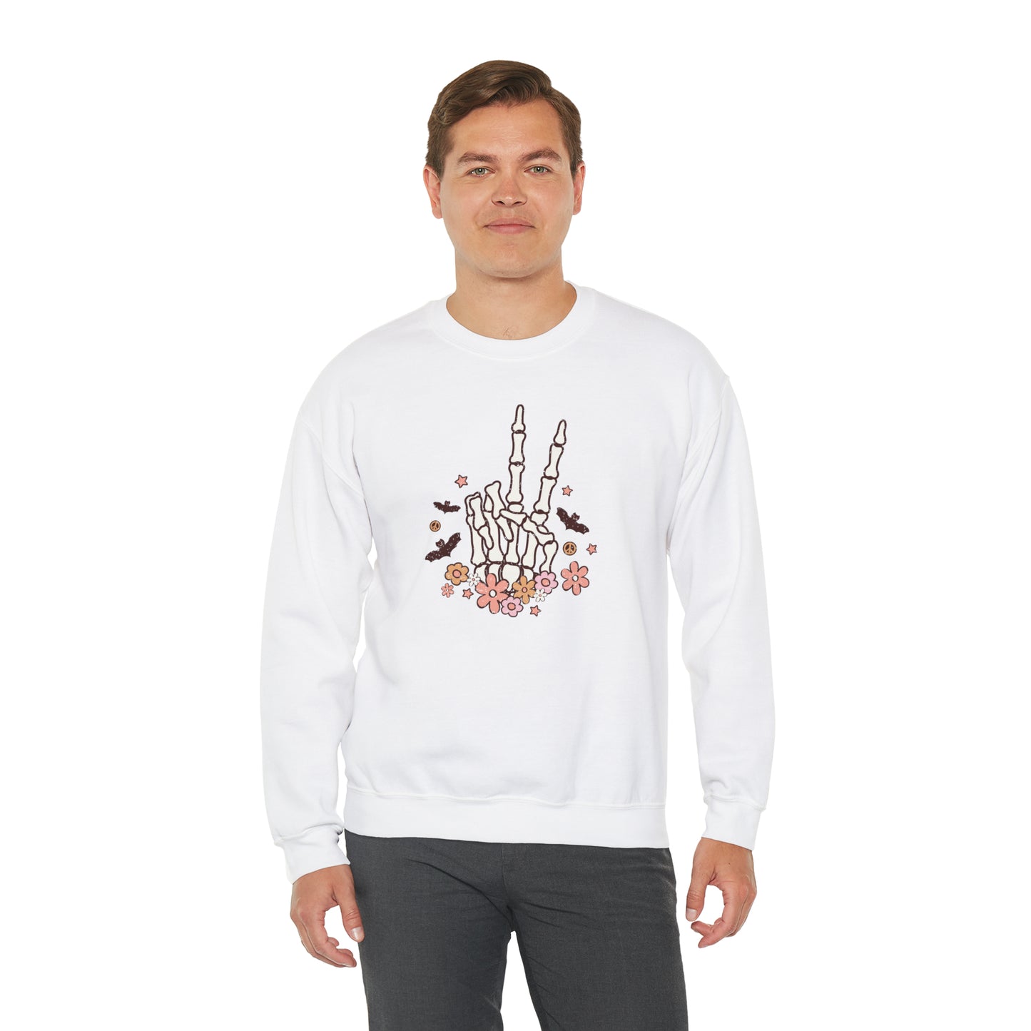 Boho Skeleton Floral Piece Sign Hand Fall Halloween Retro Warm Colored  Unisex Heavy Blend™ Crewneck Sweatshirt