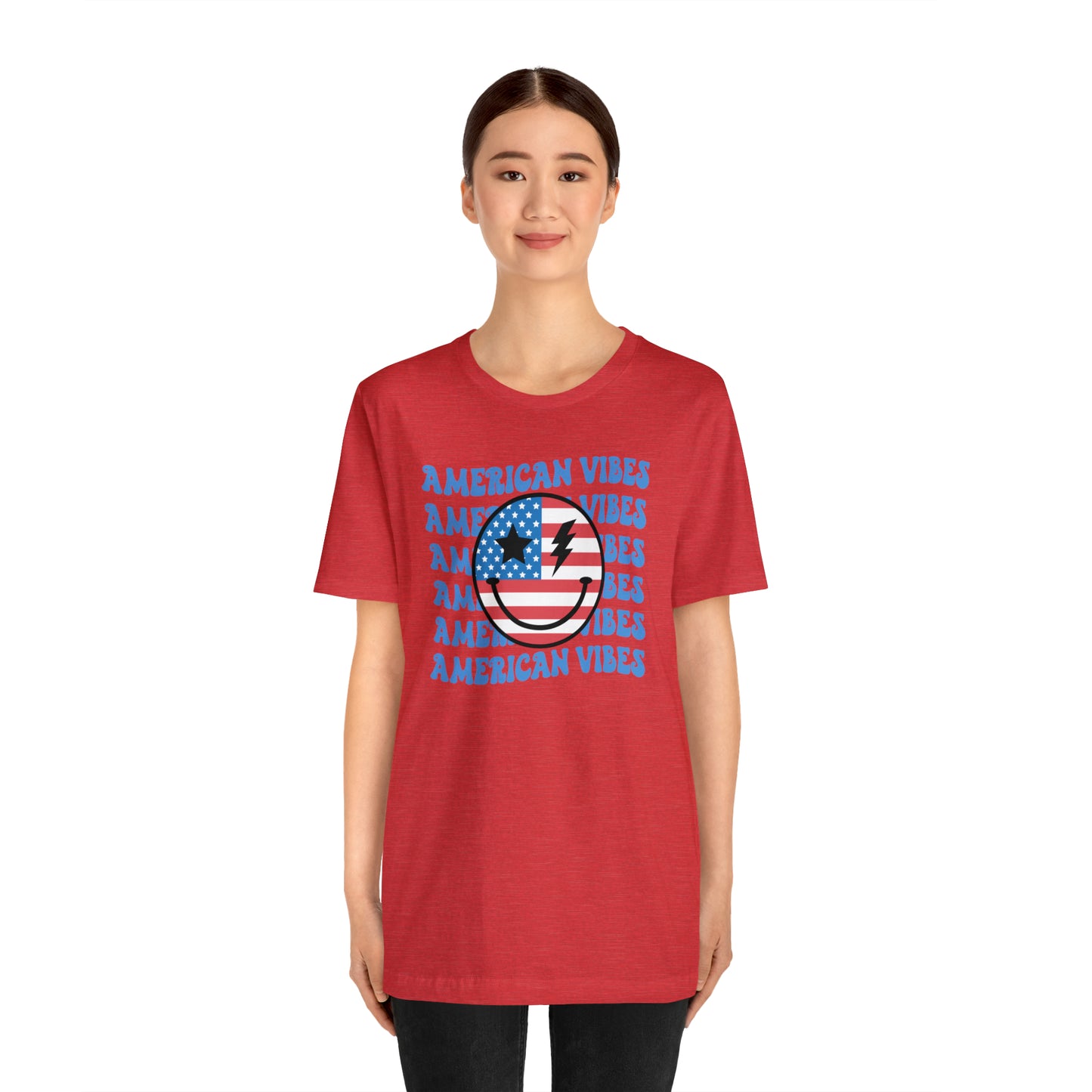 USA American Vibes American Flag Smiley Face Unisex Jersey Short Sleeve Tee