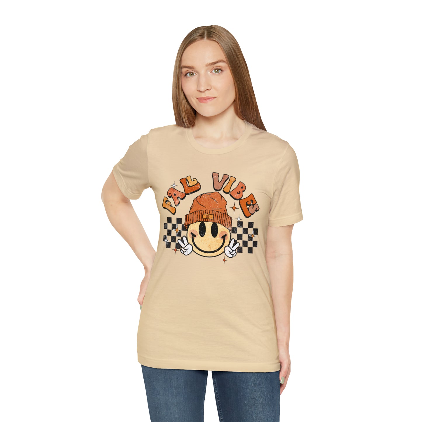 Distressed Halloween Fall Vibes Smiley Face with Beanie and Peace Sign T-Shirt