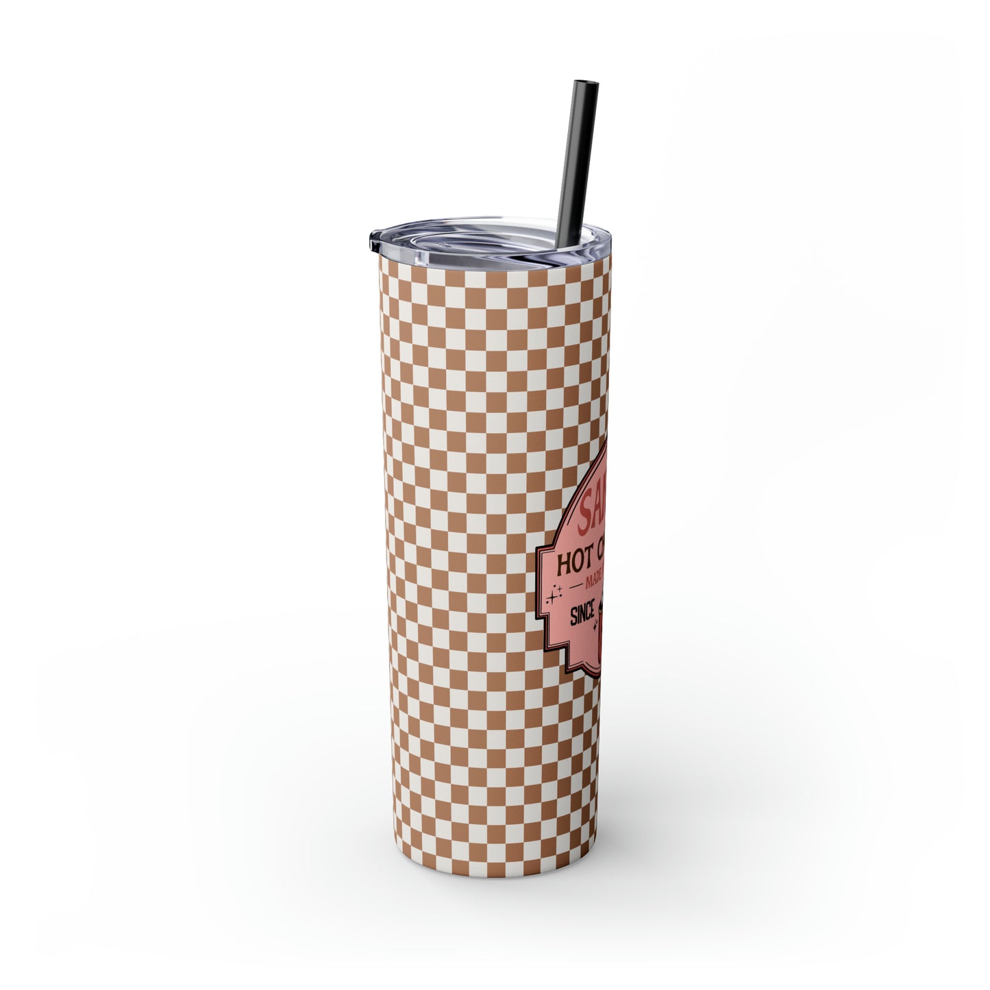 Santa's Hot Chocolate Brown Checkerboard Christmas/ Holiday Skinny Tumbler with Pick your Color Straw, 20oz