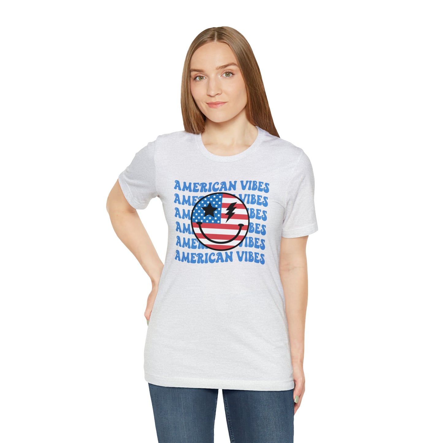 USA American Vibes American Flag Smiley Face Unisex Jersey Short Sleeve Tee