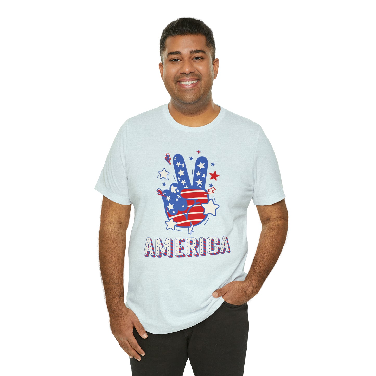 America USA Stars Peace Sign with Hands Unisex Jersey Short Sleeve Tee