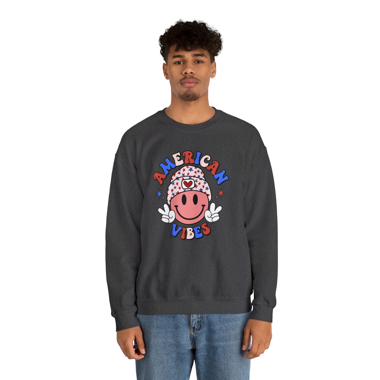 USA American Vibes Smiley Face with Heart Beanie and Peace Signs Heavy Blend™ Crewneck Sweatshirt