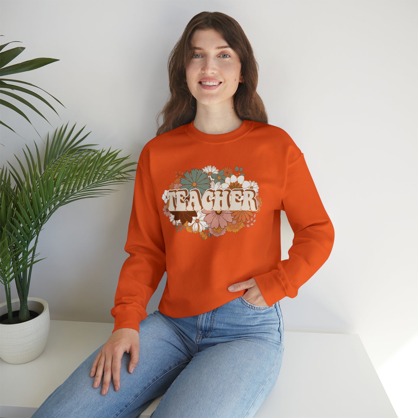 Vintage Retro Floral Teacher Warm Colors Unisex Heavy Blend™ Crewneck Sweatshirt