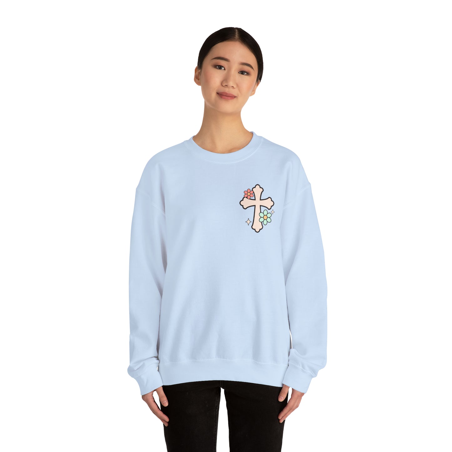 Vintage Grow in Grace with Cross Boho Color Print -  Front and Back Design Heavy Blend™ Crewneck Sweatshirt