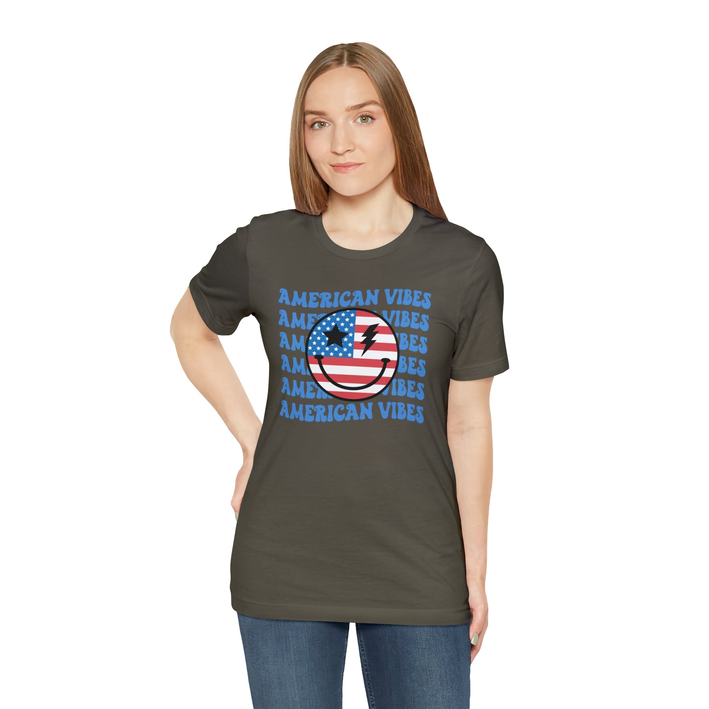 USA American Vibes American Flag Smiley Face Unisex Jersey Short Sleeve Tee