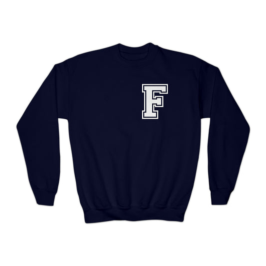 YOUTH - Front to Back Design - Varsity F Vertical Freeburg Midgets Logo Youth Crewneck Sweatshirt