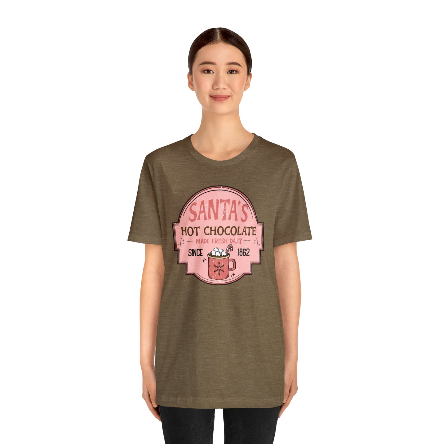 Santa's Hot Chocolate Pink Christmas/ Holiday Bella Jersey Short Sleeve Tee (Unisex)