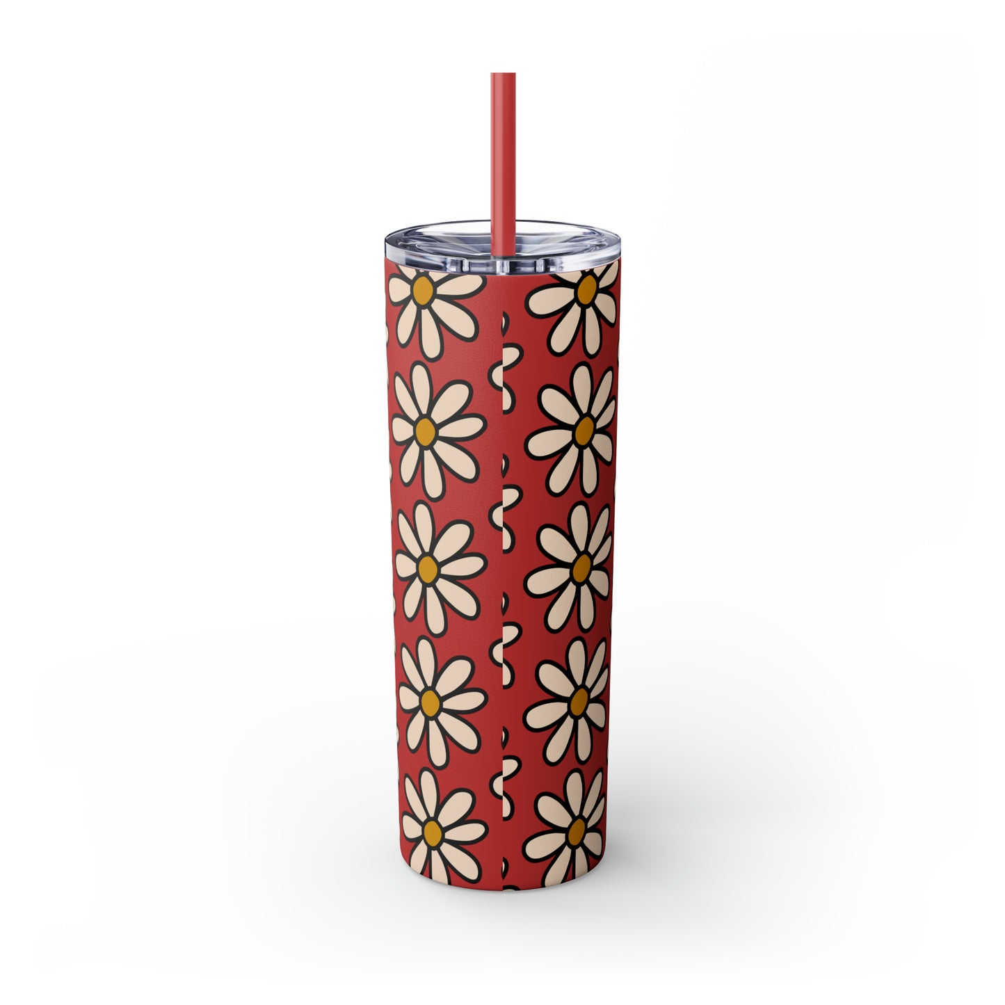 Peach Daisy Print Skinny Tumbler with Straw, 20oz