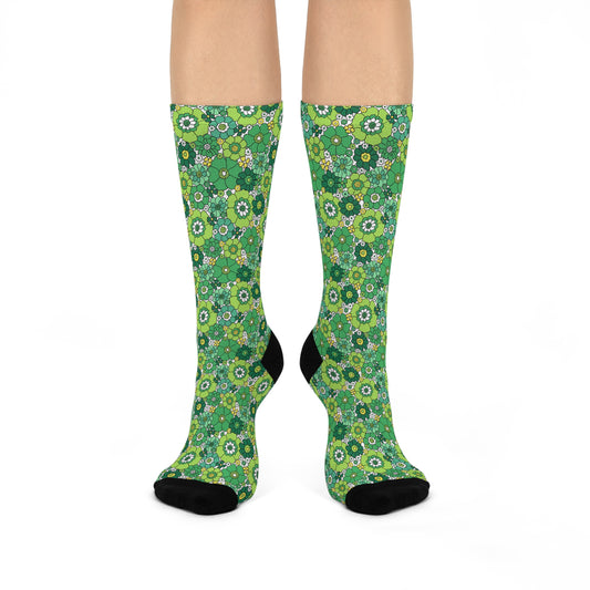 St. Patrick's Green Floral Cushioned Crew Socks - White