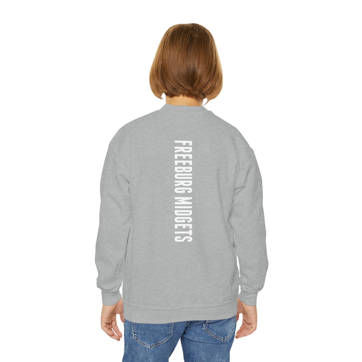 YOUTH - Front to Back Design - Varsity F Vertical Freeburg Midgets Logo Youth Crewneck Sweatshirt