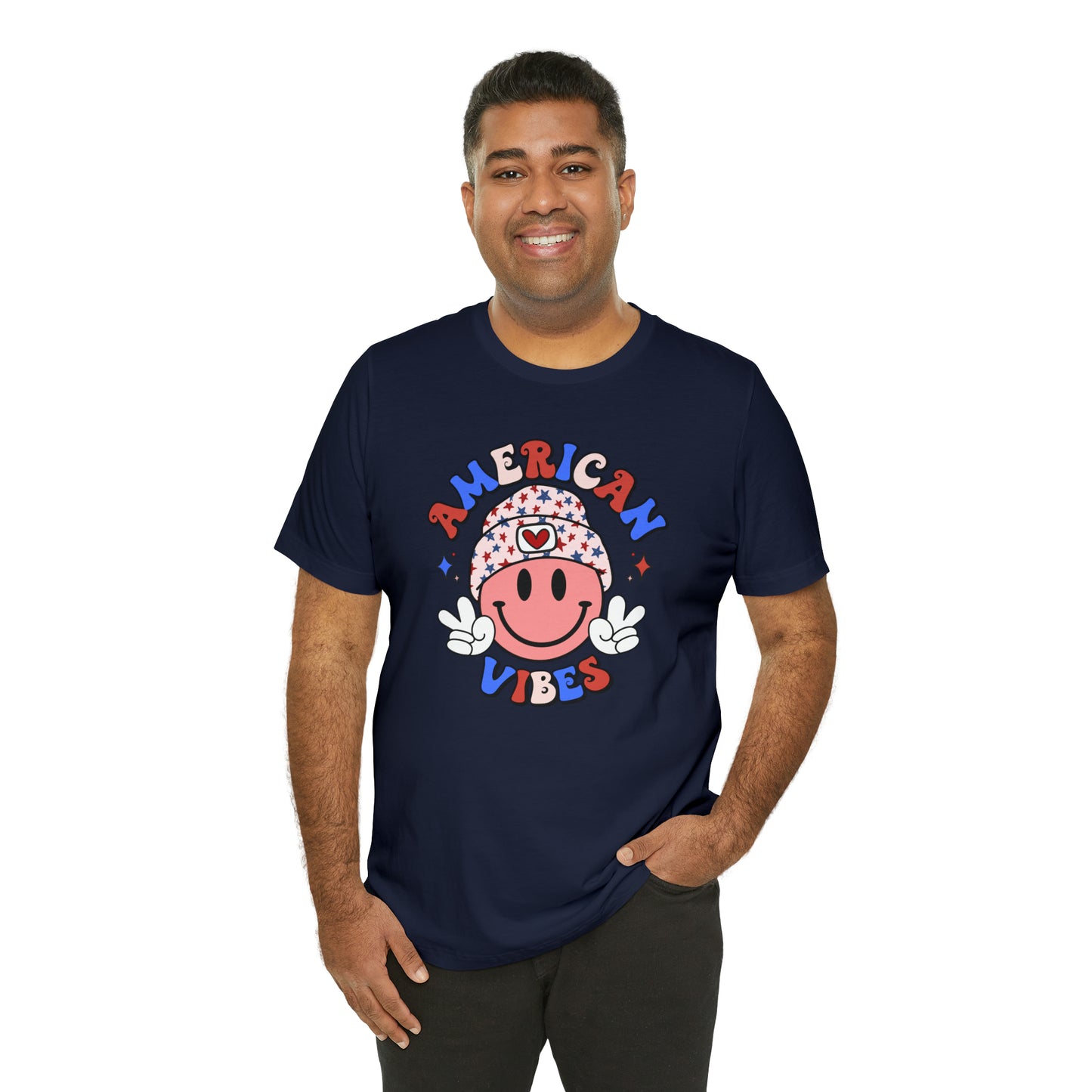 American Vibes USA Smiley Face with Stars Beanie with two hand peace signs Unisex Jersey Short Sleeve Tee