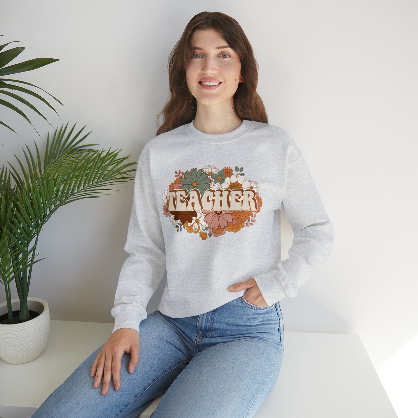 Vintage Retro Floral Teacher Warm Colors Unisex Heavy Blend™ Crewneck Sweatshirt