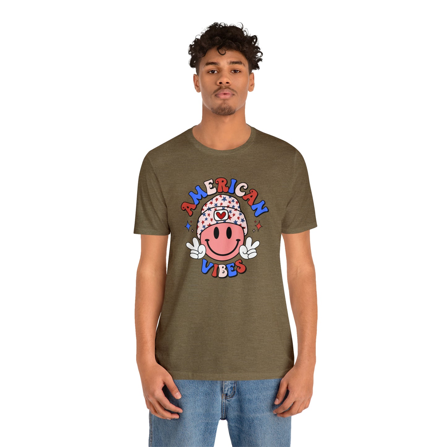 American Vibes USA Smiley Face with Stars Beanie with two hand peace signs Unisex Jersey Short Sleeve Tee