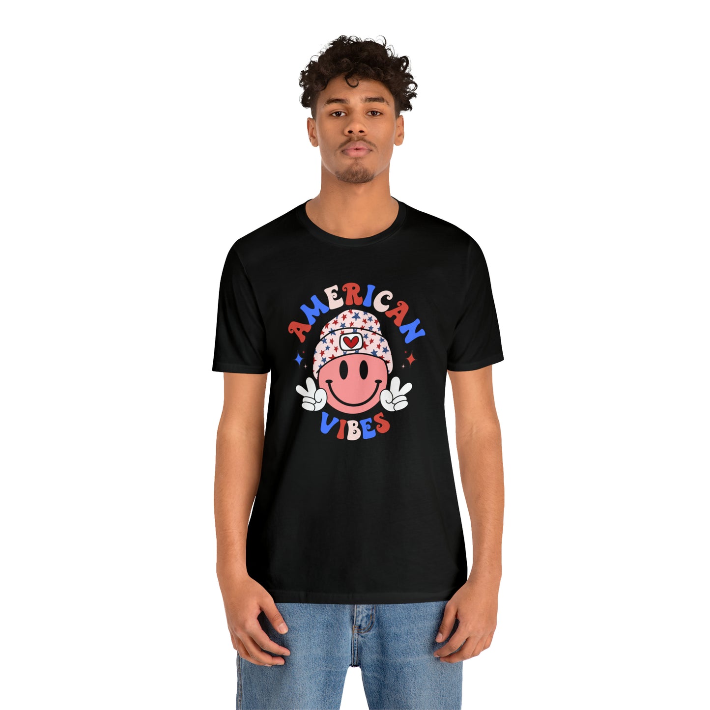 American Vibes USA Smiley Face with Stars Beanie with two hand peace signs Unisex Jersey Short Sleeve Tee