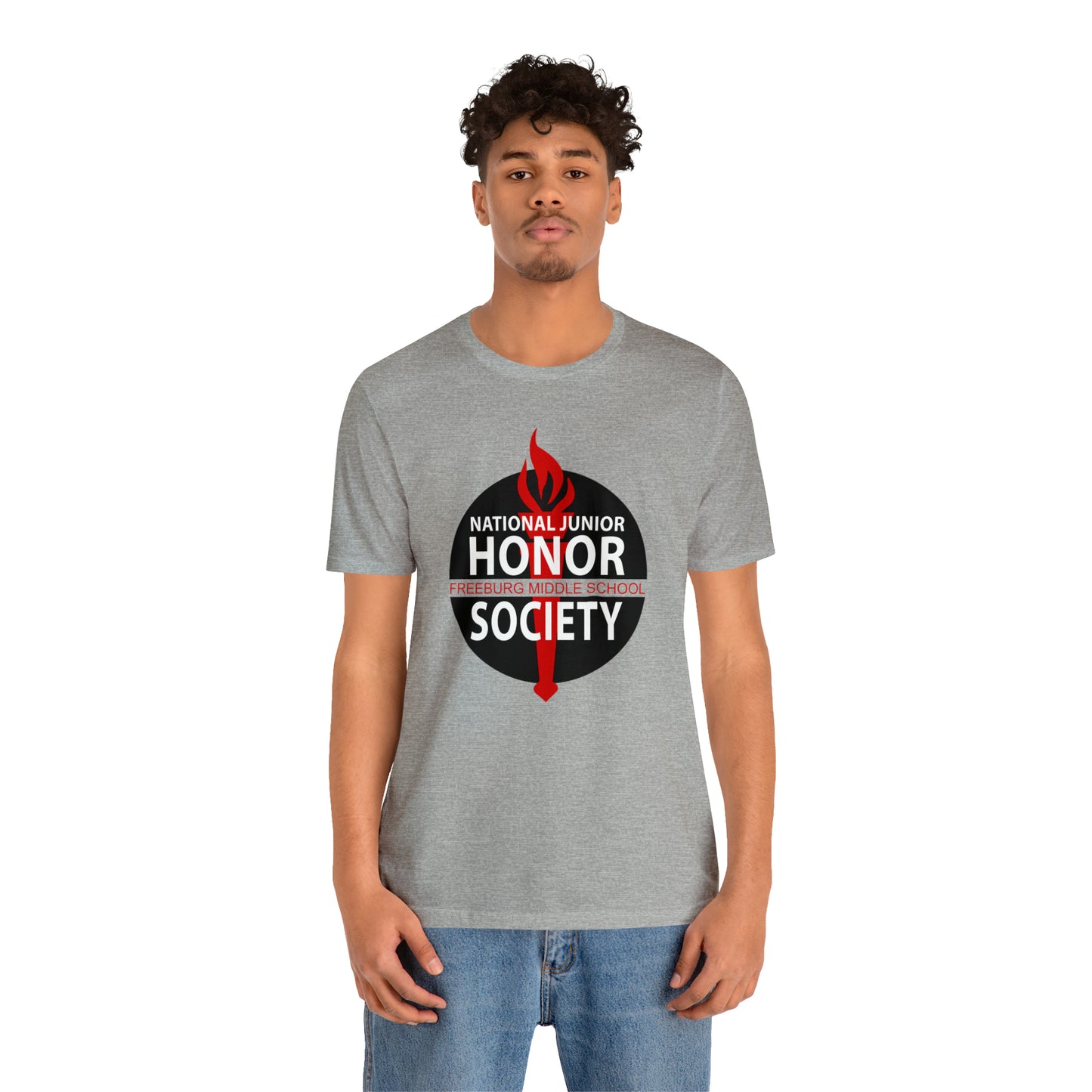 Freeburg Middle School Black Red and White NJHS National Junior Honor Society Red Torch Logo Bella Jersey Short Sleeve Tee (Unisex)