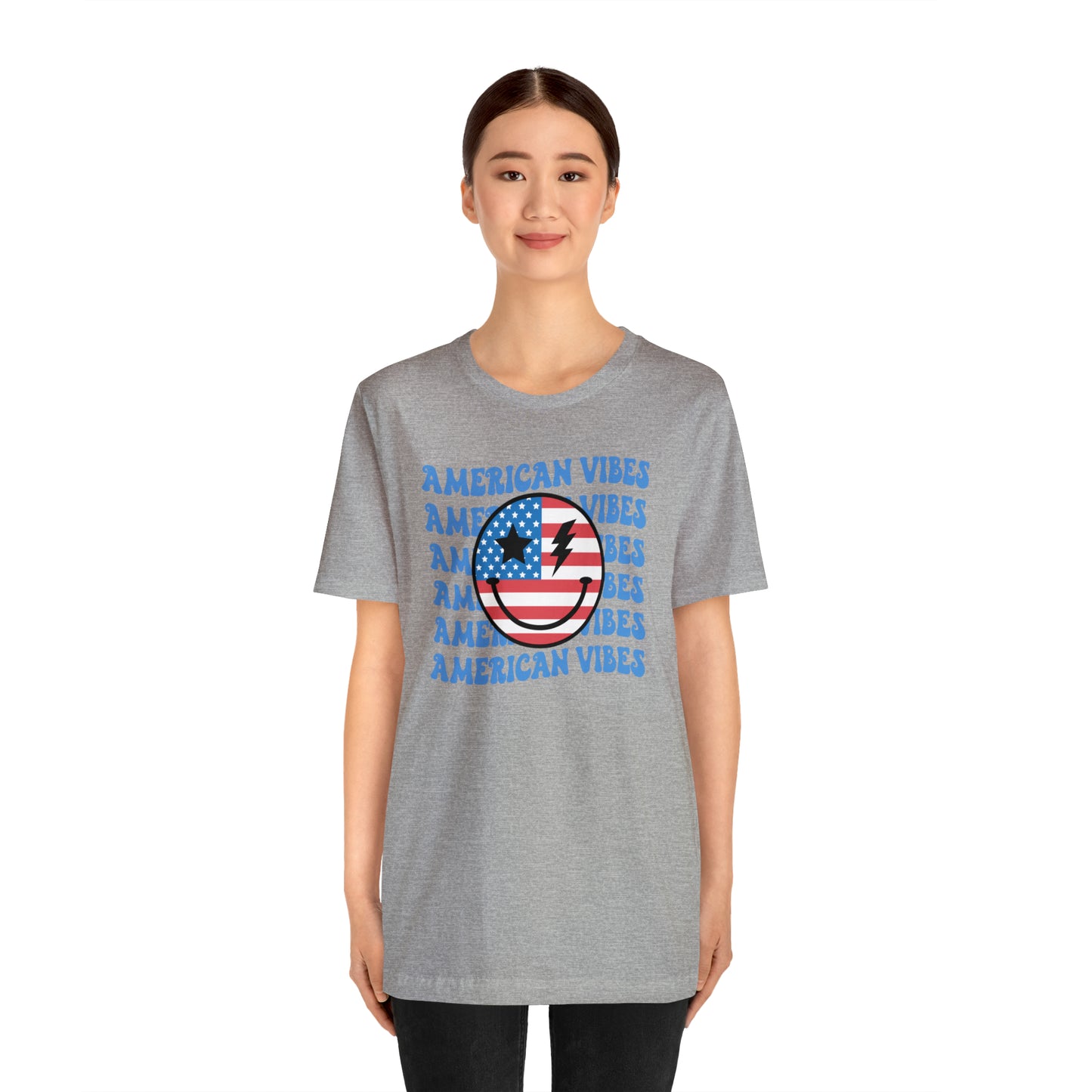 USA American Vibes American Flag Smiley Face Unisex Jersey Short Sleeve Tee