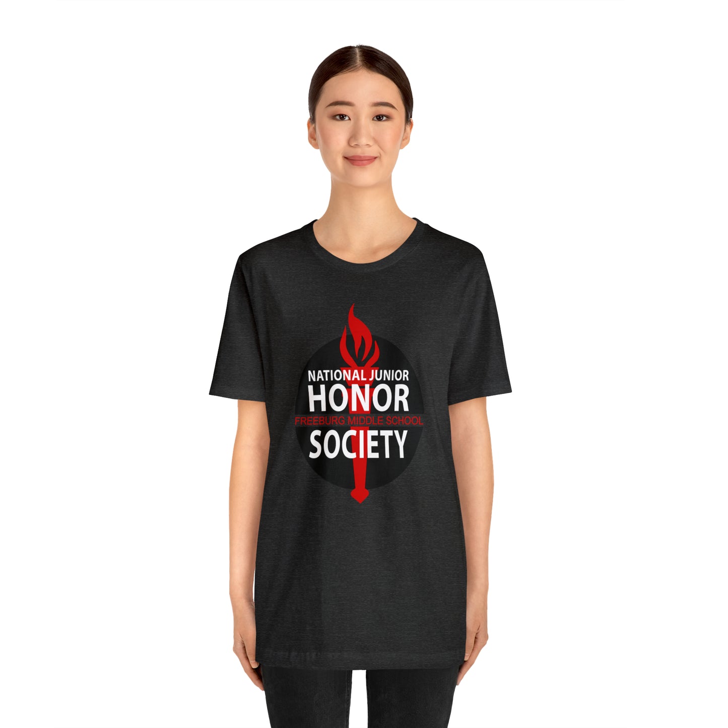 Freeburg Middle School Black Red and White NJHS National Junior Honor Society Red Torch Logo Bella Jersey Short Sleeve Tee (Unisex)