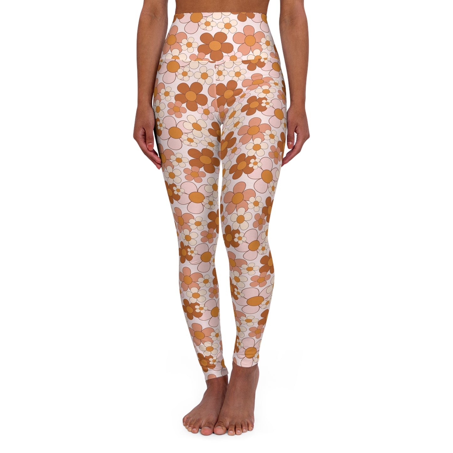 Retro Daisy Rust and Pink Floral High Waisted Yoga Leggings