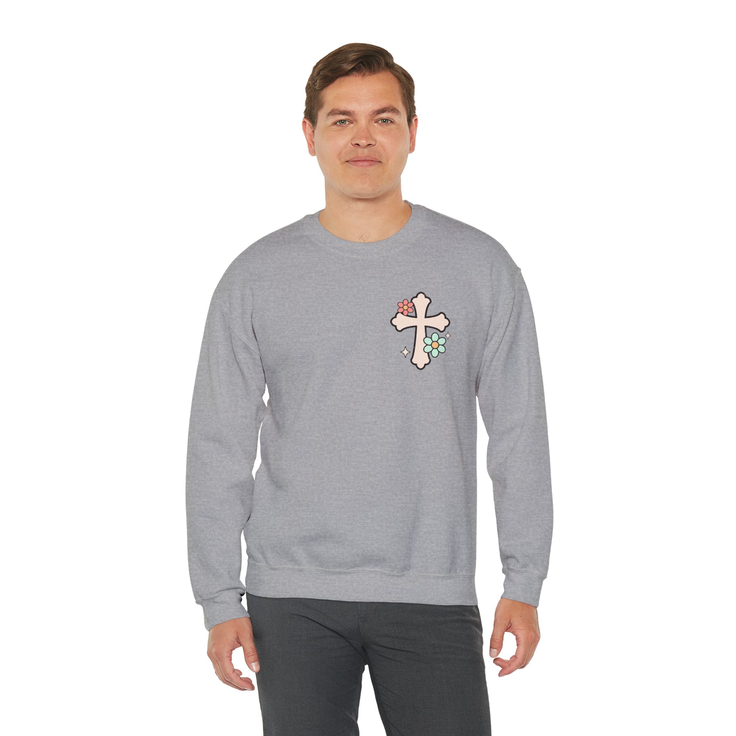 Vintage Grow in Grace with Cross Boho Color Print -  Front and Back Design Heavy Blend™ Crewneck Sweatshirt