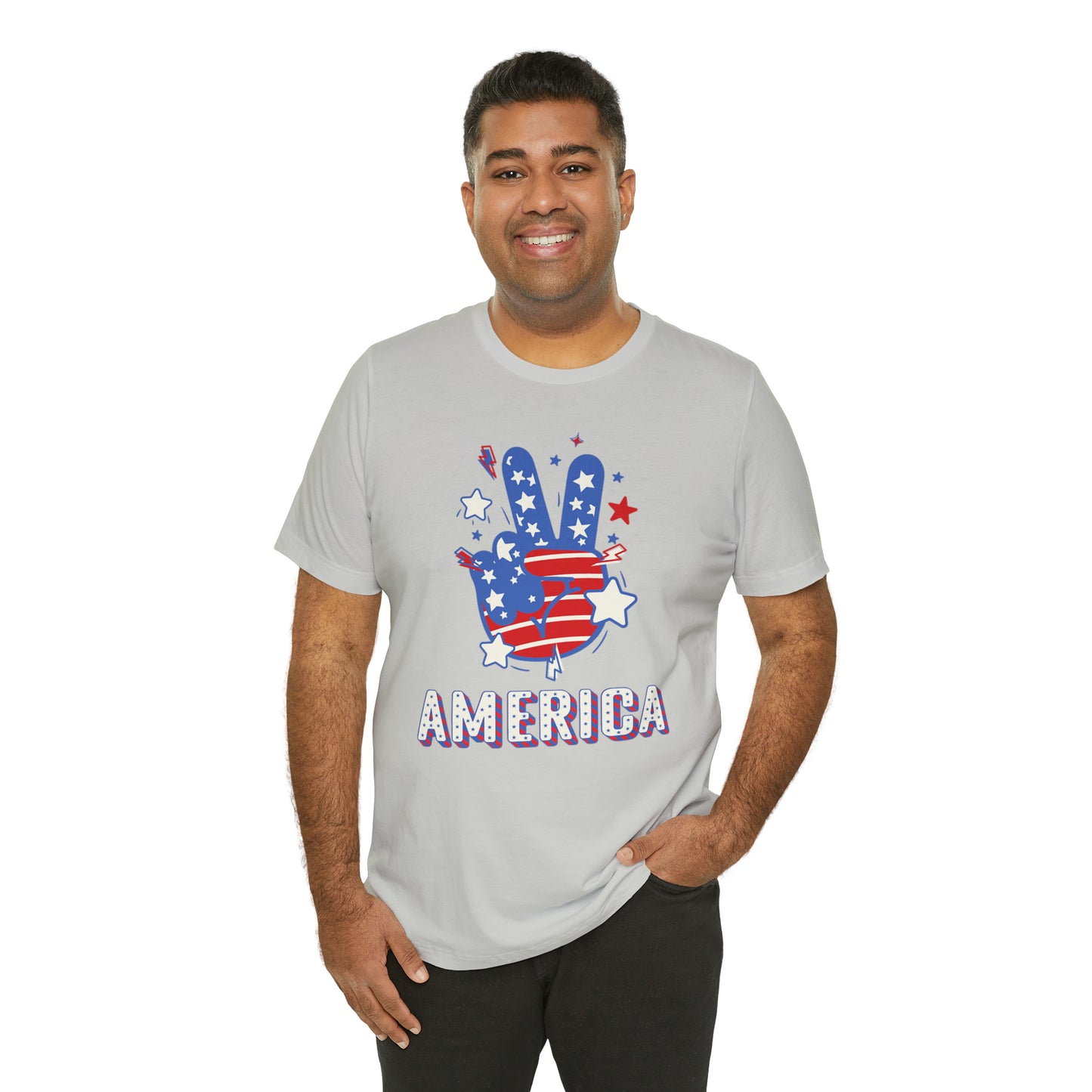 America USA Stars Peace Sign with Hands Unisex Jersey Short Sleeve Tee