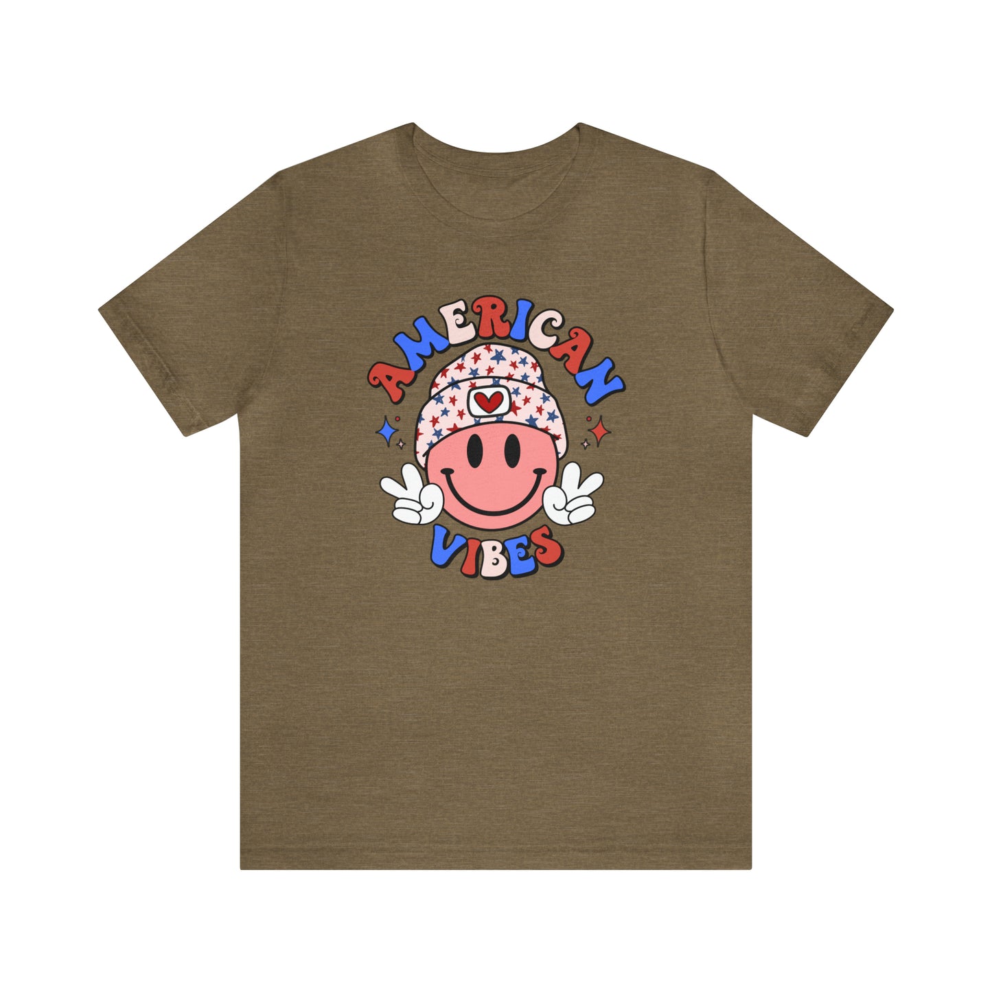 American Vibes USA Smiley Face with Stars Beanie with two hand peace signs Unisex Jersey Short Sleeve Tee